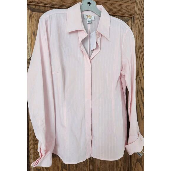 Talbots Top Womens 14 Petite Pink Imprinted Stripes Button Up Long Sleeve NWT - Picture 1 of 10